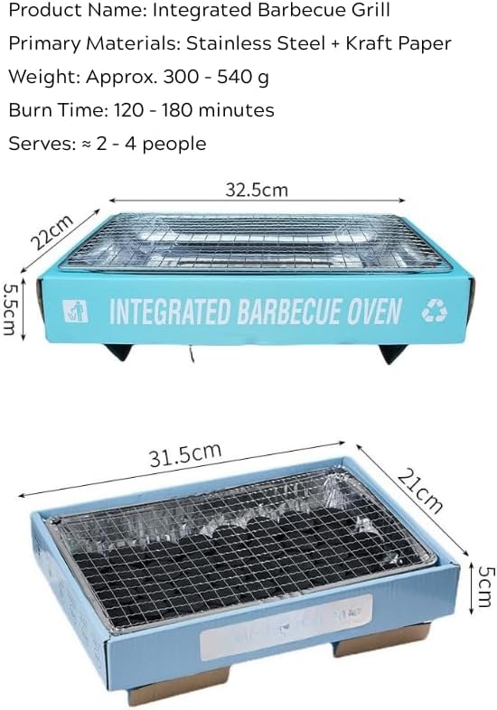 Low Smoke Charcoal Barbecue Kit for Outdoor Cooking, Picnic, Camping, Team Events – Stainless Steel Frame + Instant Lighting Paper Charcoal + 30 Pcs Round BBQ Trays (6/7/8 Inch)