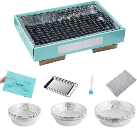 Low Smoke Charcoal Barbecue Kit for Outdoor Cooking, Picnic, Camping, Team Events – Stainless Steel Frame + Instant Lighting Paper Charcoal + 30 Pcs Round BBQ Trays (6/7/8 Inch)