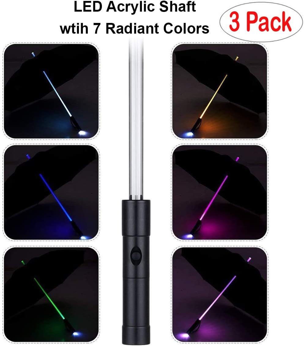 LED Light Up Umbrellas with 7 Color Changing Effects | Windproof Golf Umbrellas with Flashlight Handle