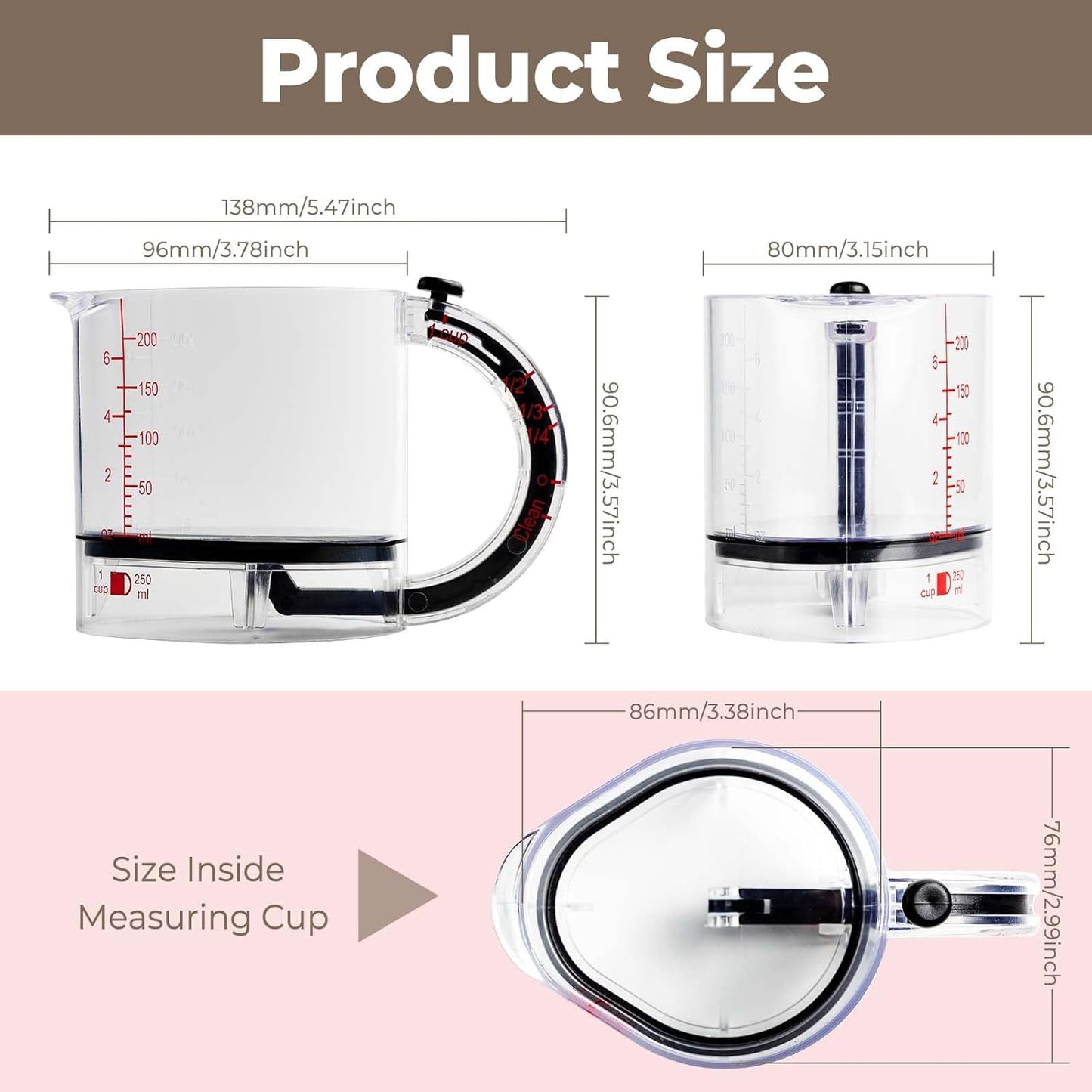 All-in-1 Adjustable Measuring Cup, Metric & Imperial Measurements up to 1 Cup - Black/Clear