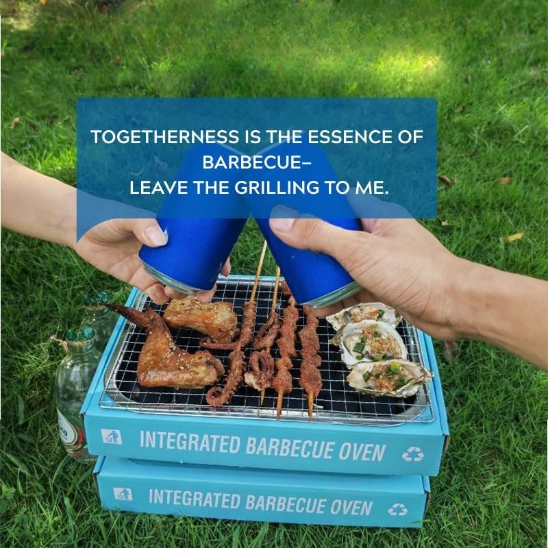 Low Smoke Charcoal Barbecue Kit for Outdoor Cooking, Picnic, Camping, Team Events – Stainless Steel Frame + Instant Lighting Paper Charcoal + 30 Pcs Round BBQ Trays (6/7/8 Inch)