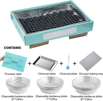 Low Smoke Charcoal Barbecue Kit for Outdoor Cooking, Picnic, Camping, Team Events – Stainless Steel Frame + Instant Lighting Paper Charcoal + 30 Pcs Round BBQ Trays (6/7/8 Inch)