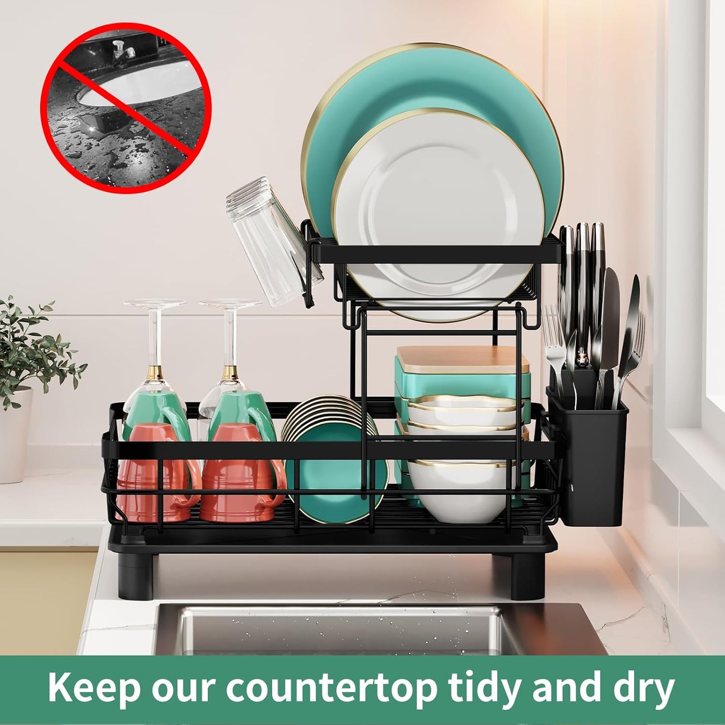 Dish Drying Rack, 2 Tier Dish Rack, Large Dish Racks for Kitchen Counter, Dish Drainer with Removable Utensil Holder, Drainboard (Black)
