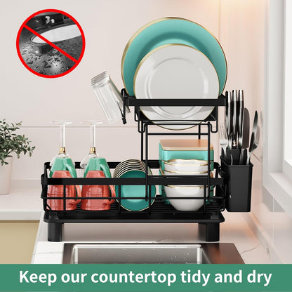 Dish Drying Rack, 2 Tier Dish Rack, Large Dish Racks for Kitchen Counter, Dish Drainer with Removable Utensil Holder, Drainboard (Black)