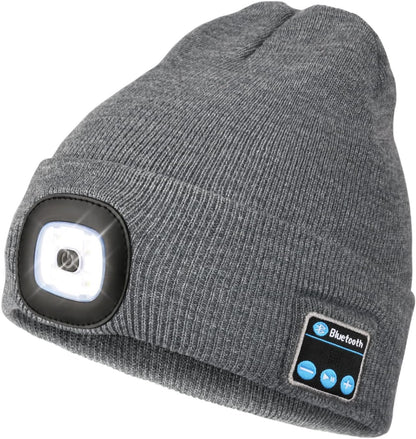 Wmcaps Bluetooth Beanie with a Light, Unisex USB Rechargeable 4 LED Fashlight Hat with Cordless Headphones, Unique Christmas Birthday Gifts for Men Him Husband Teen Black