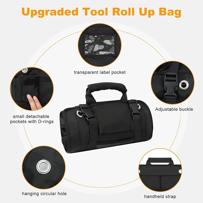 Tool Roll Bag, Small Roll Up Tool Bag with Detachable Pouches