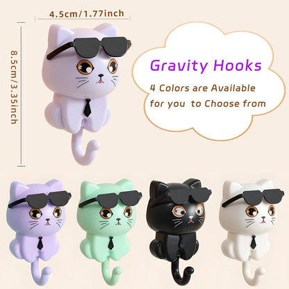 Adhesive Coat Hooks Key Holder, Creative Adhesive Cute Cat Key Hook, Home Storage Utility Wall Decorations for Hanging Hat, Key, Towel, Scarf, Bags, Punch Free (Black+White+Green+Purple)