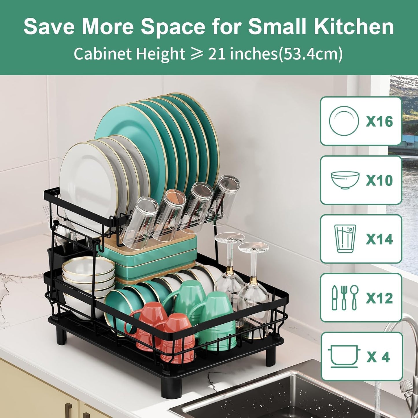 Dish Drying Rack, 2 Tier Dish Rack, Large Dish Racks for Kitchen Counter, Dish Drainer with Removable Utensil Holder, Drainboard (Black)