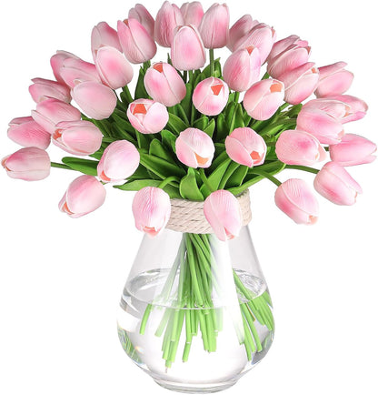 10 Pcs Artificial Tulips PU Faux Flowers, Pink Real Touch Fake Tulips for Valentine's Day Spring Easter Home Kitchen Wedding Decorations and New Year Decor