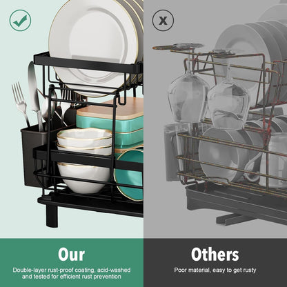 Dish Drying Rack, 2 Tier Dish Rack, Large Dish Racks for Kitchen Counter, Dish Drainer with Removable Utensil Holder, Drainboard (Black)
