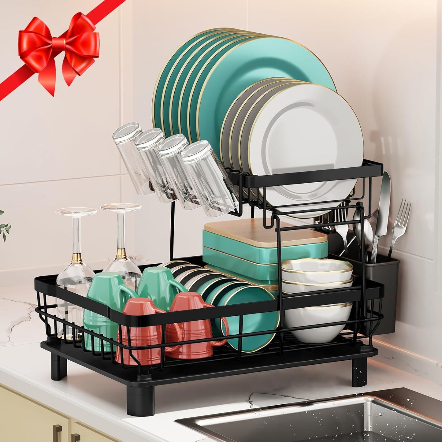 Dish Drying Rack, 2 Tier Dish Rack, Large Dish Racks for Kitchen Counter, Dish Drainer with Removable Utensil Holder, Drainboard (Black)