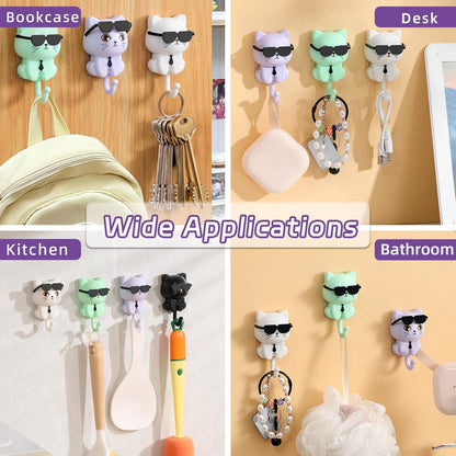 Adhesive Coat Hooks Key Holder, Creative Adhesive Cute Cat Key Hook, Home Storage Utility Wall Decorations for Hanging Hat, Key, Towel, Scarf, Bags, Punch Free (Black+White+Green+Purple)