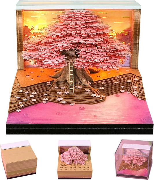 3D Memo Pad Time Piece Calendar 2026,3D Calendar Memo Pad DIY Notes Notepad Paper Craft Art Romantic Tree House