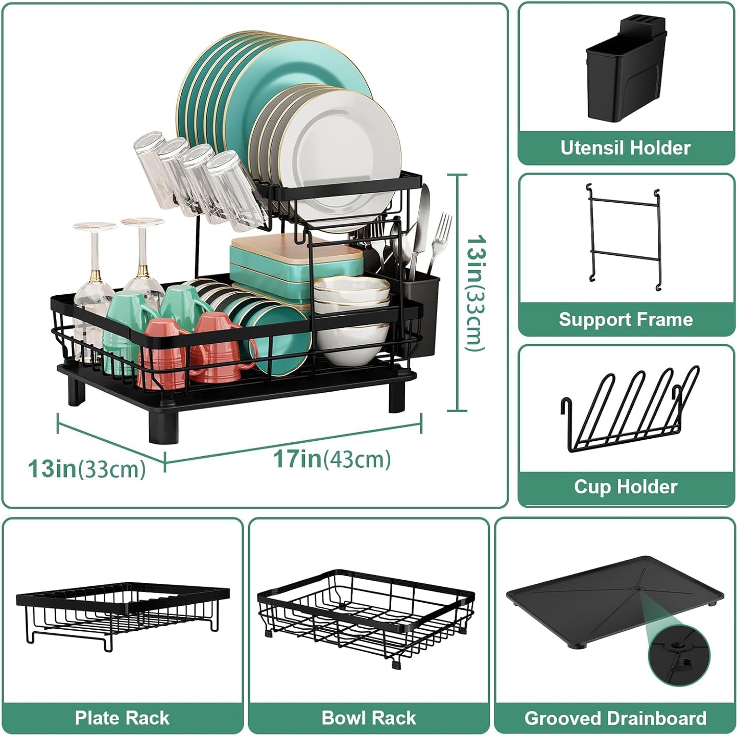 Dish Drying Rack, 2 Tier Dish Rack, Large Dish Racks for Kitchen Counter, Dish Drainer with Removable Utensil Holder, Drainboard (Black)