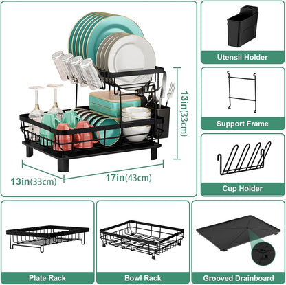 Dish Drying Rack, 2 Tier Dish Rack, Large Dish Racks for Kitchen Counter, Dish Drainer with Removable Utensil Holder, Drainboard (Black)