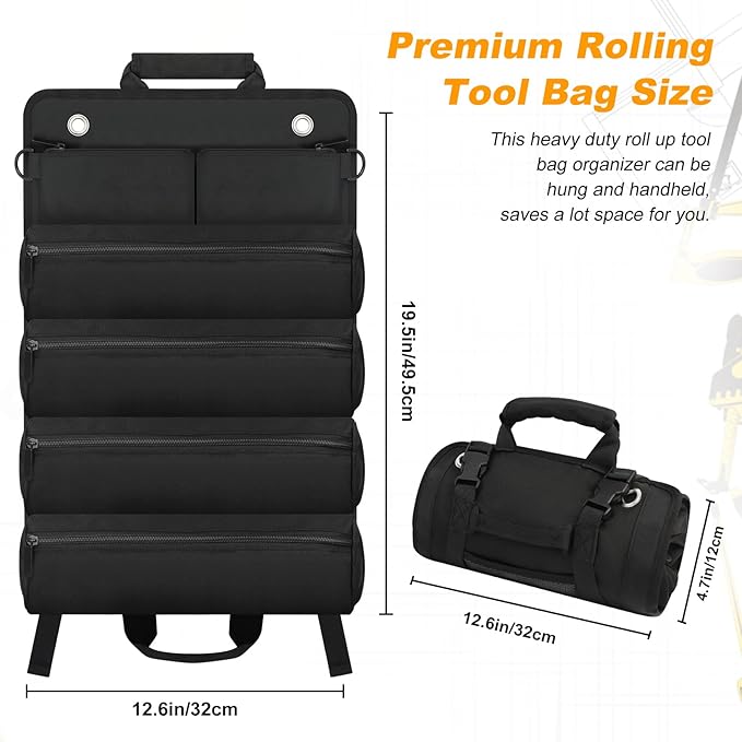 Tool Roll Bag, Small Roll Up Tool Bag with Detachable Pouches