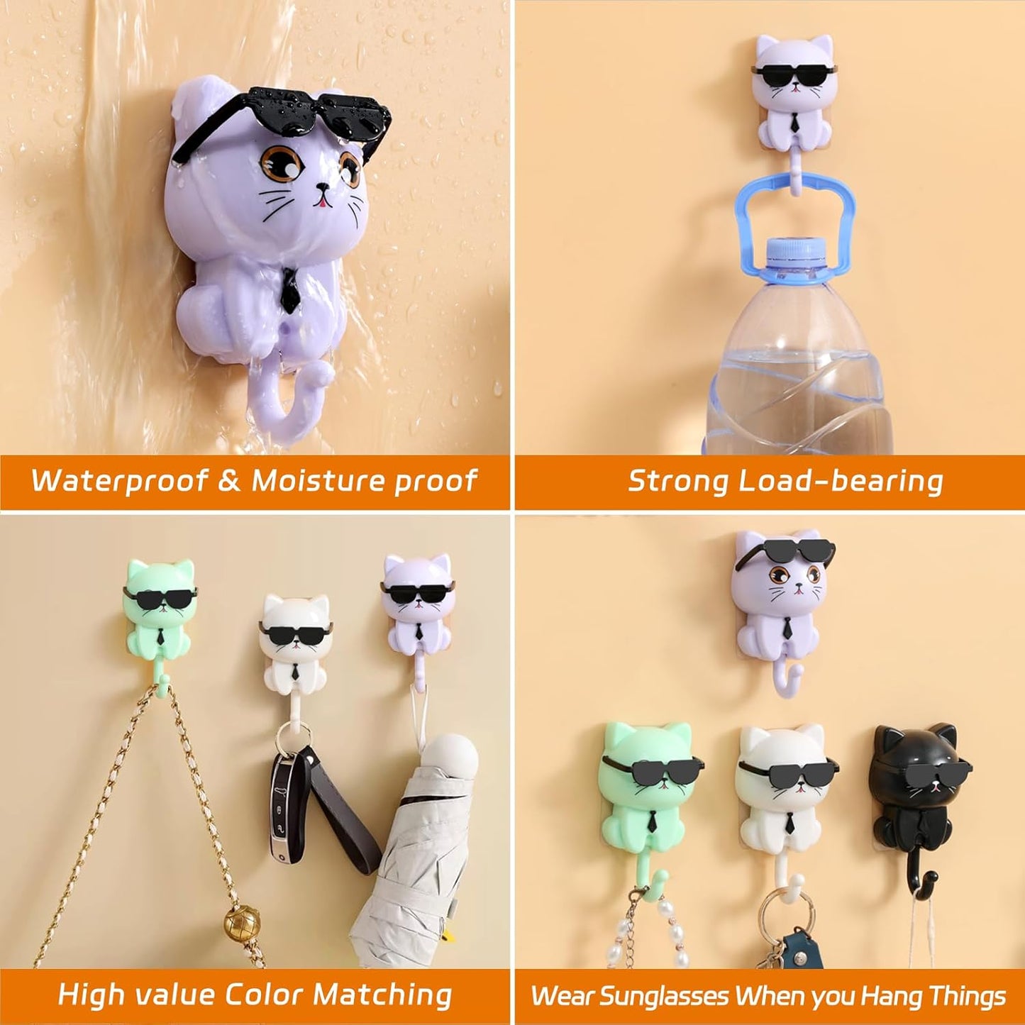Adhesive Coat Hooks Key Holder, Creative Adhesive Cute Cat Key Hook, Home Storage Utility Wall Decorations for Hanging Hat, Key, Towel, Scarf, Bags, Punch Free (Black+White+Green+Purple)