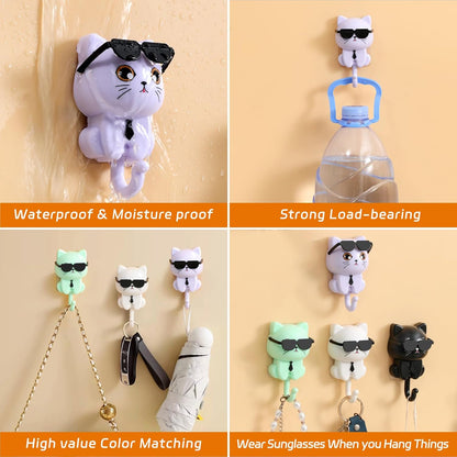 Adhesive Coat Hooks Key Holder, Creative Adhesive Cute Cat Key Hook, Home Storage Utility Wall Decorations for Hanging Hat, Key, Towel, Scarf, Bags, Punch Free (Black+White+Green+Purple)
