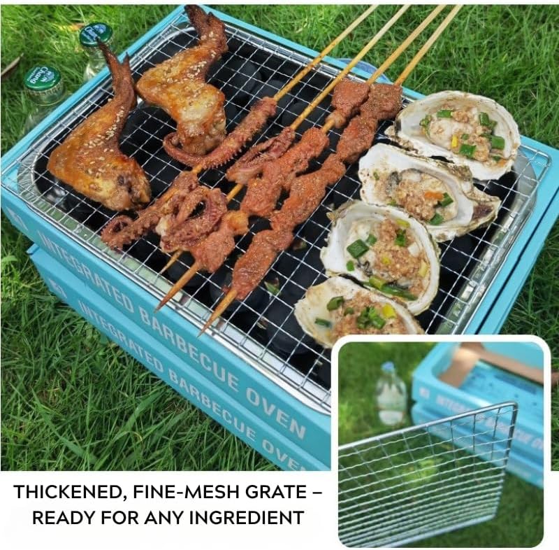 Low Smoke Charcoal Barbecue Kit for Outdoor Cooking, Picnic, Camping, Team Events – Stainless Steel Frame + Instant Lighting Paper Charcoal + 30 Pcs Round BBQ Trays (6/7/8 Inch)