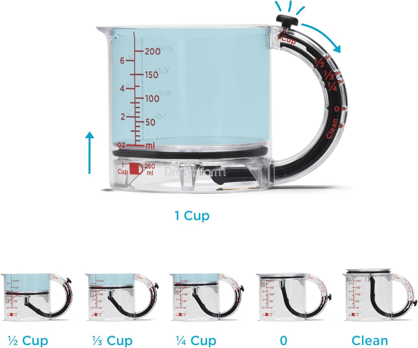 All-in-1 Adjustable Measuring Cup, Metric & Imperial Measurements up to 1 Cup - Black/Clear
