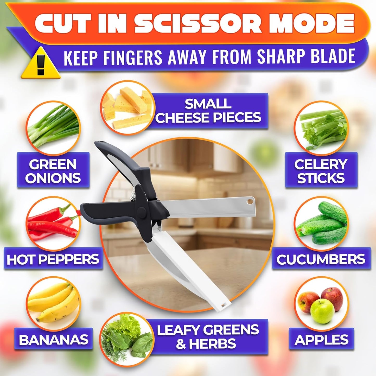 2 in 1 Kitchen Scissors for Food – Stainless Steel Blade & Plastic Cutting Board Scissors with Safety Lock |  Tomato Knife, Fruit & Vegetable Cutter – Easy-to-Use Kitchen Shears for Meat, Cheese