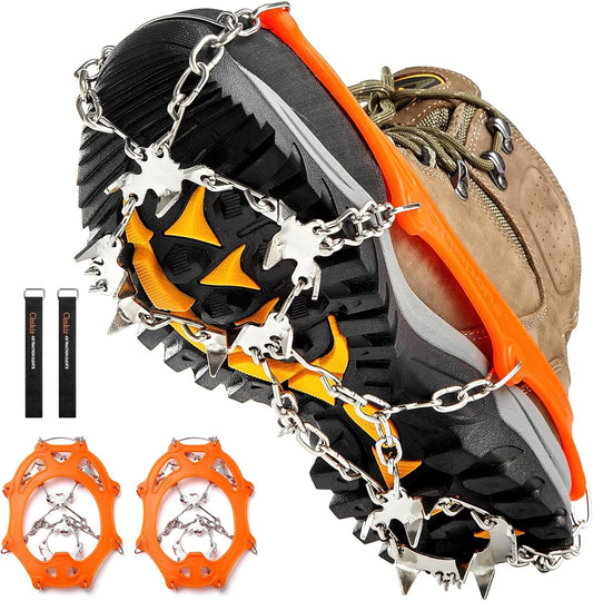 Cimkiz Crampons Ice Cleats Traction Snow Grips for Boots Shoes Women Men Anti Slip 18 Stainless Steel Spikes Safe Protect for Hiking Fishing Walking Climbing Mountaineering