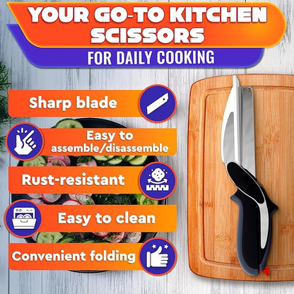 2 in 1 Kitchen Scissors for Food – Stainless Steel Blade & Plastic Cutting Board Scissors with Safety Lock |  Tomato Knife, Fruit & Vegetable Cutter – Easy-to-Use Kitchen Shears for Meat, Cheese