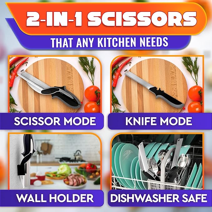 2 in 1 Kitchen Scissors for Food – Stainless Steel Blade & Plastic Cutting Board Scissors with Safety Lock |  Tomato Knife, Fruit & Vegetable Cutter – Easy-to-Use Kitchen Shears for Meat, Cheese