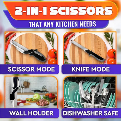 2 in 1 Kitchen Scissors for Food – Stainless Steel Blade & Plastic Cutting Board Scissors with Safety Lock |  Tomato Knife, Fruit & Vegetable Cutter – Easy-to-Use Kitchen Shears for Meat, Cheese