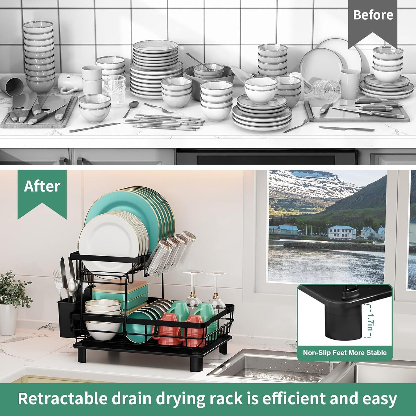 Dish Drying Rack, 2 Tier Dish Rack, Large Dish Racks for Kitchen Counter, Dish Drainer with Removable Utensil Holder, Drainboard (Black)