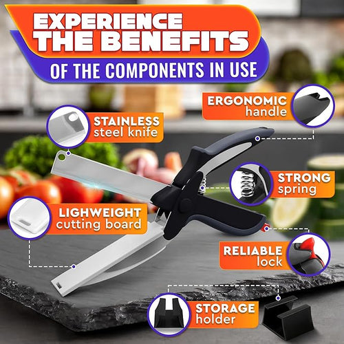 2 in 1 Kitchen Scissors for Food – Stainless Steel Blade & Plastic Cutting Board Scissors with Safety Lock |  Tomato Knife, Fruit & Vegetable Cutter – Easy-to-Use Kitchen Shears for Meat, Cheese
