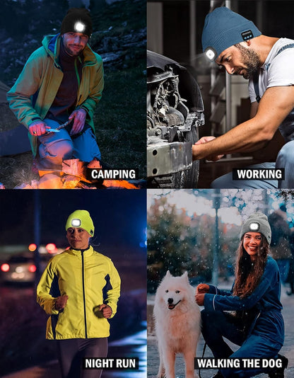 Wmcaps Bluetooth Beanie with a Light, Unisex USB Rechargeable 4 LED Fashlight Hat with Cordless Headphones, Unique Christmas Birthday Gifts for Men Him Husband Teen Black