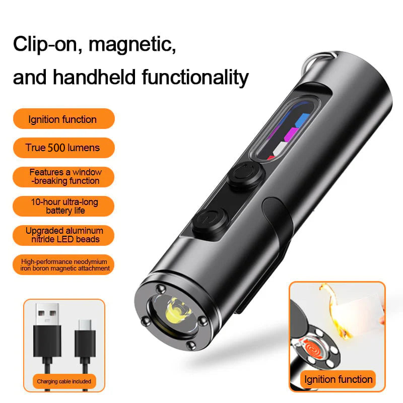 🔦Pocket Rechargeable EDC Flashlight: 500 Lumens Mini Keychain Light with Fire Starter & Window Breaker